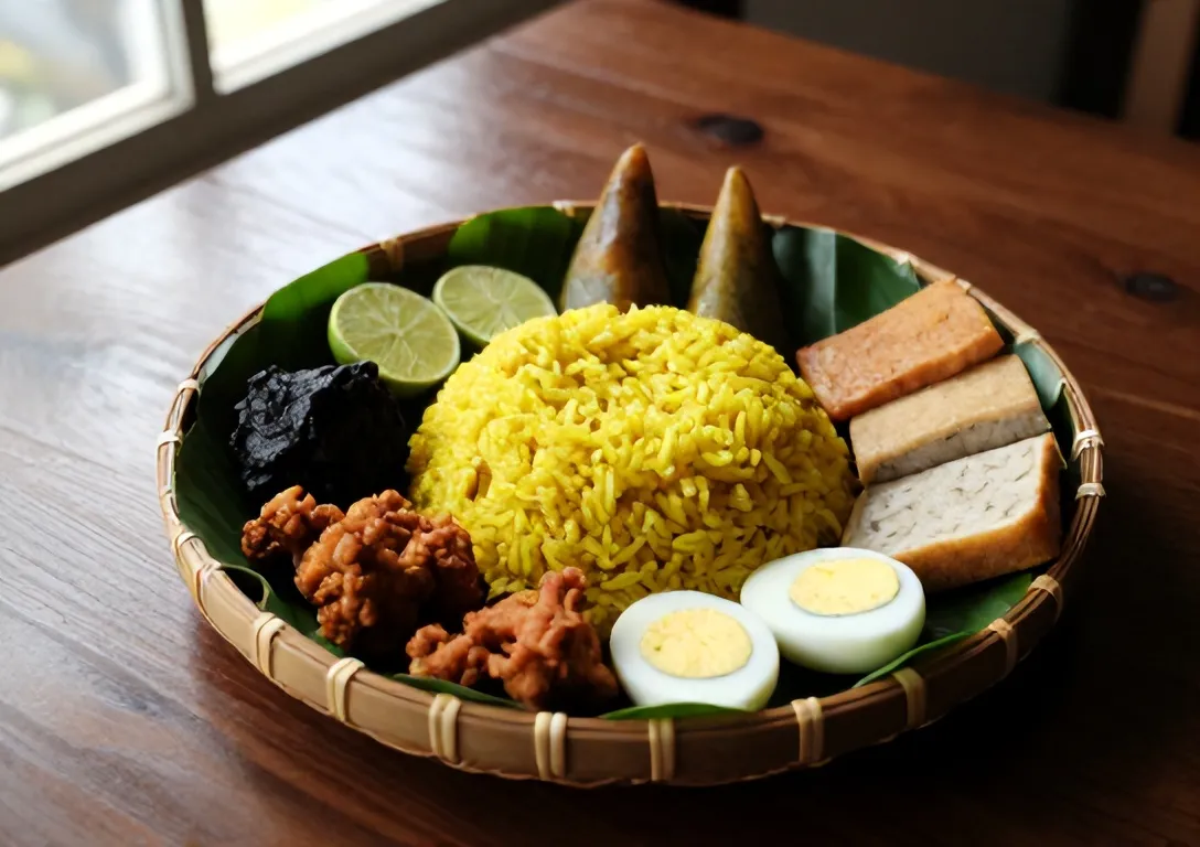 Tumpeng nasi kuning di atas tampah berlapis daun pisang, dikelilingi ayam goreng, telur, urap dan perkedel