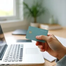 A hand holding a bank card near a laptop
