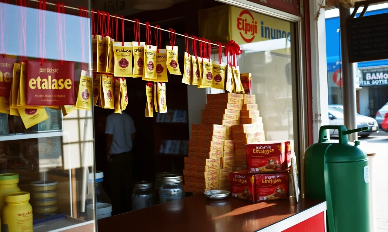 Etalase kaca warung dengan sachet kopi bergantungan, kardus Indomie, dan tabung gas hijau