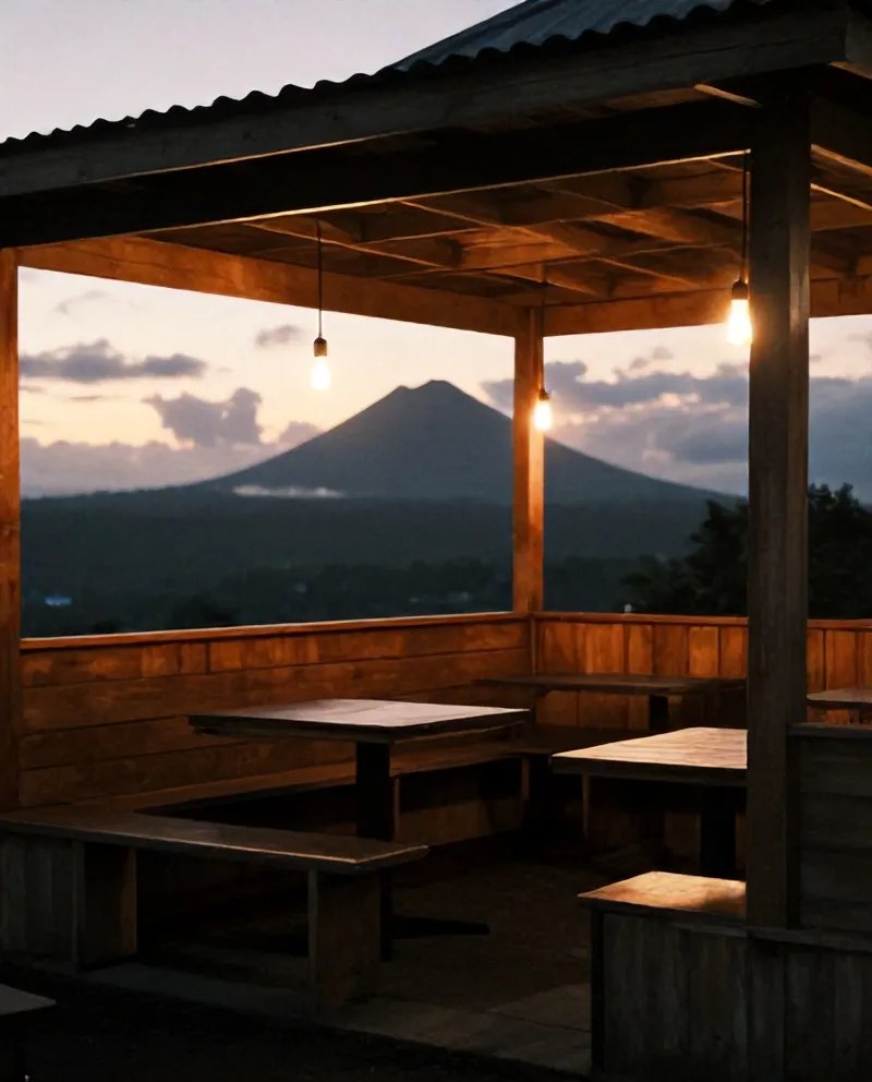Bagian dalam kedai dengan bangku kayu dan lampu bohlam