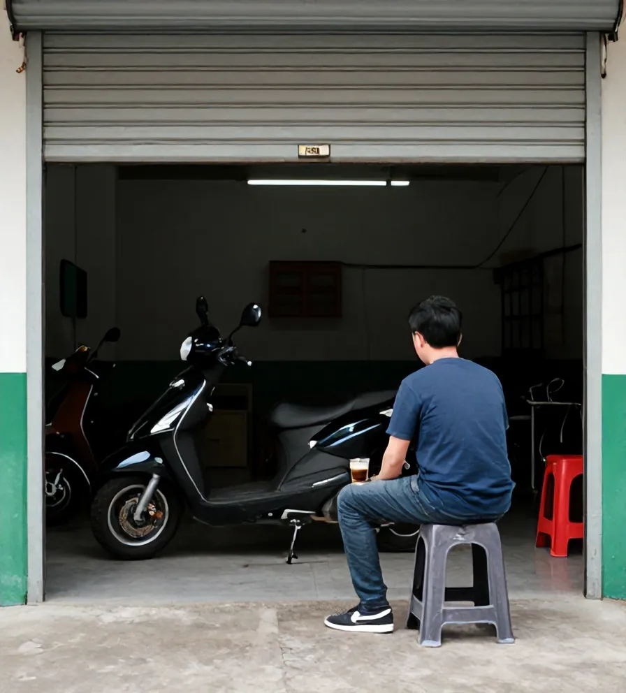 Pelanggan duduk di bangku plastik dengan segelas kopi, motornya dikerjakan di belakang