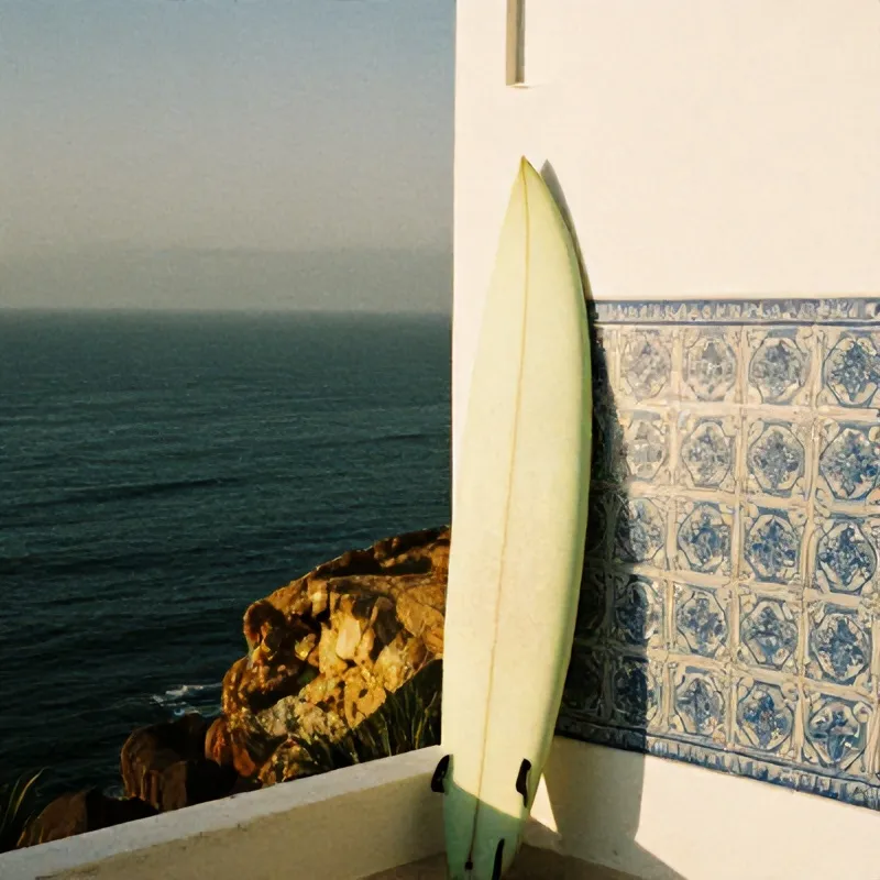 A surfboard leaning on a whitewashed wall beside blue and white azulejo tiles