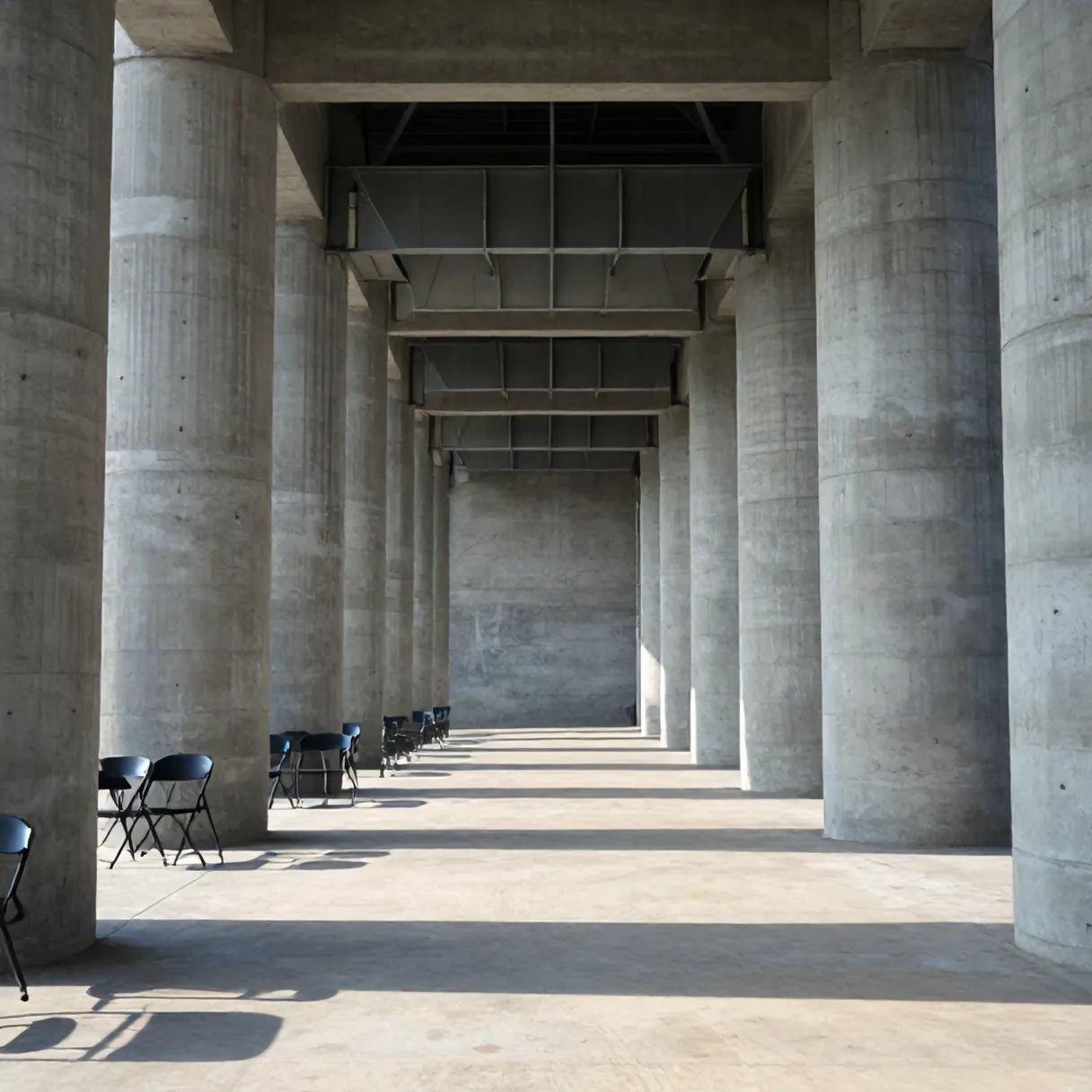 The raw concrete hall of the Maassilo with steel hoppers overhead and rows of folding chairs