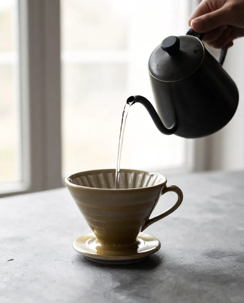 Water poured from a gooseneck kettle into the dripper