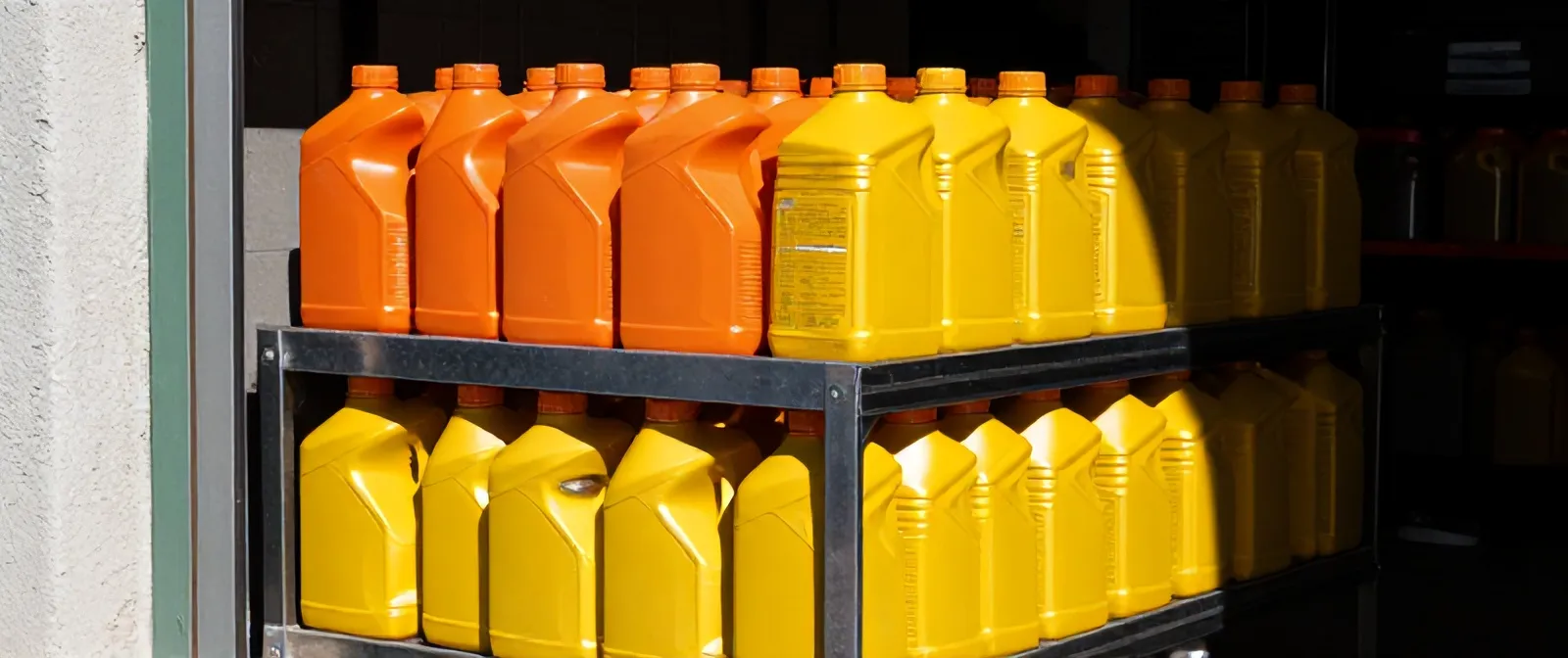 Rak baja berisi botol oli mesin oranye dan kuning