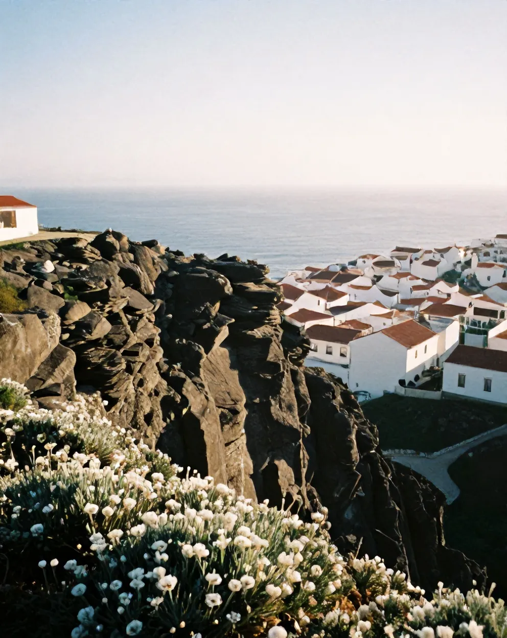 The Atlantic seen from the cliff edge above Ericeira, scrub and dark rock in the foreground