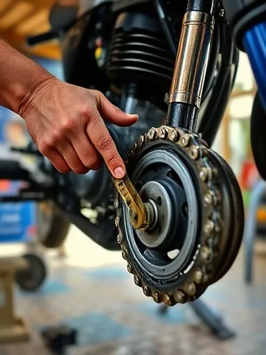 Mekanik memeriksa rantai dan rem motor