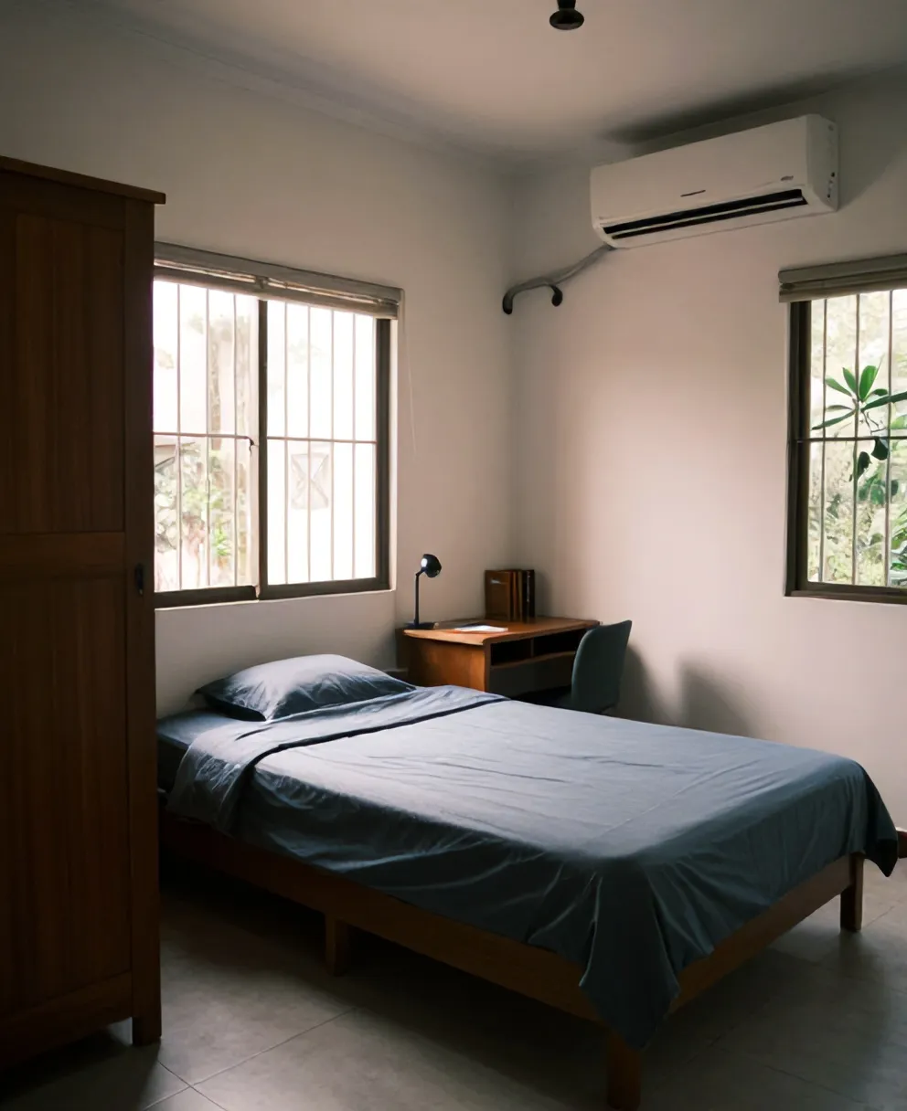 Kamar kos dengan kasur, lemari kayu, dan meja belajar di bawah jendela berteralis