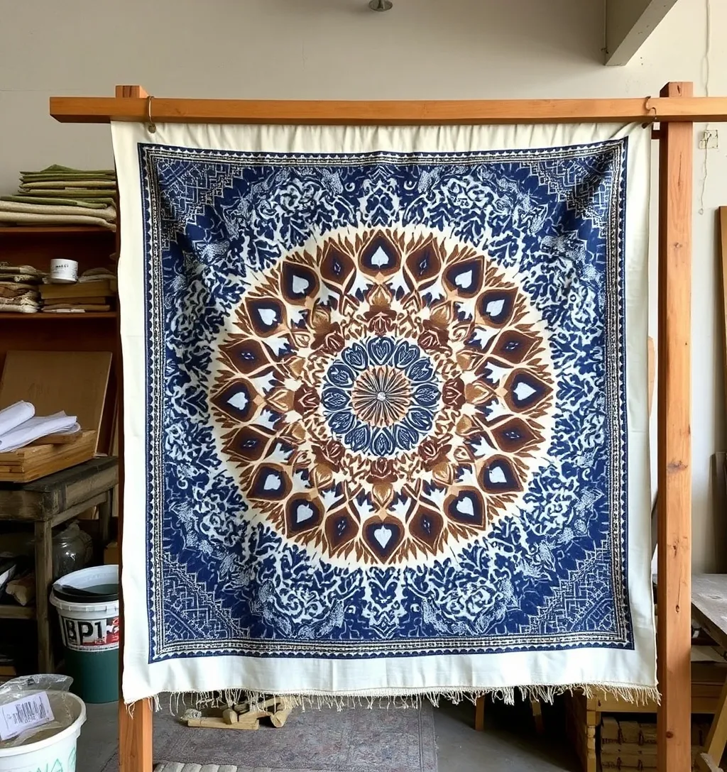 Kain batik Jlamprang indigo dan soga tergantung di bingkai kayu