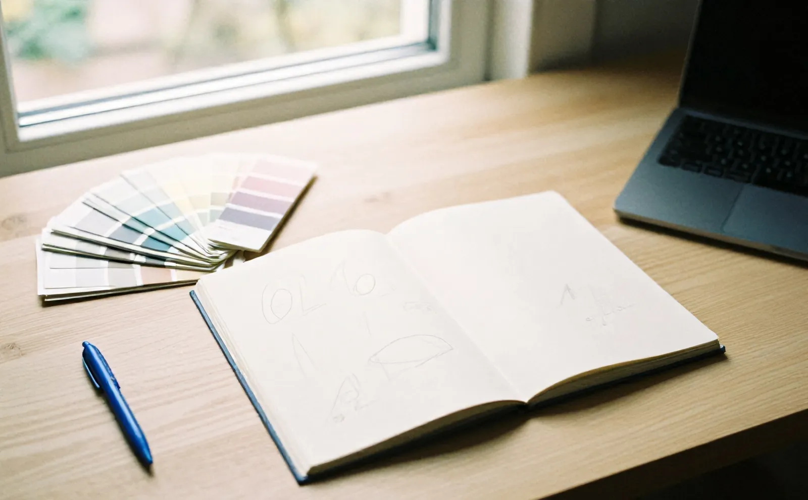 Overhead view of a designer's oak desk with logo sketches, a swatch fan and a cobalt pen in morning light