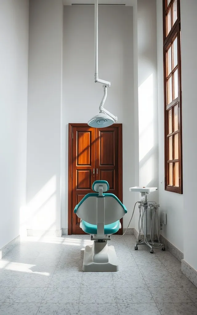 Kursi periksa berwarna teal di bawah lampu dental, di ruang praktik berdinding putih tinggi