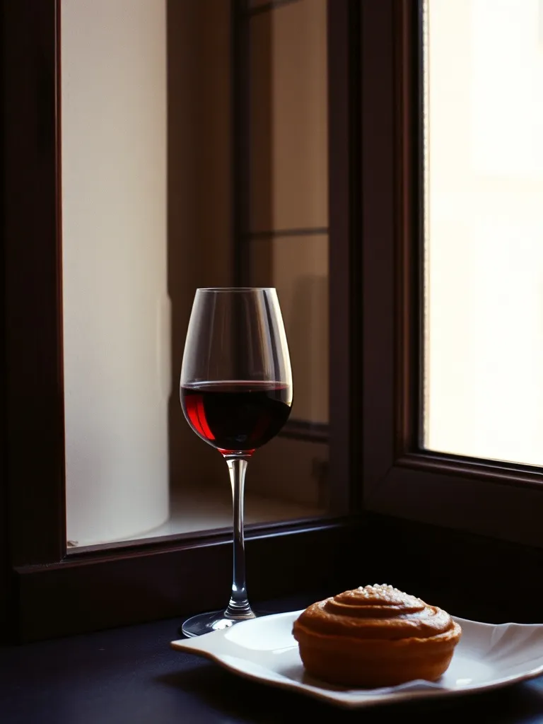 A glass of red wine and a pastel de nata on a table by a window