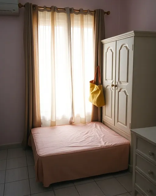 Kasur single dengan sprei merah muda di samping lemari pakaian putih