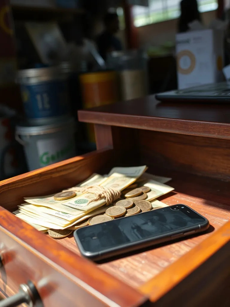 Laci kayu berisi uang rupiah dan HP Android di sebelahnya