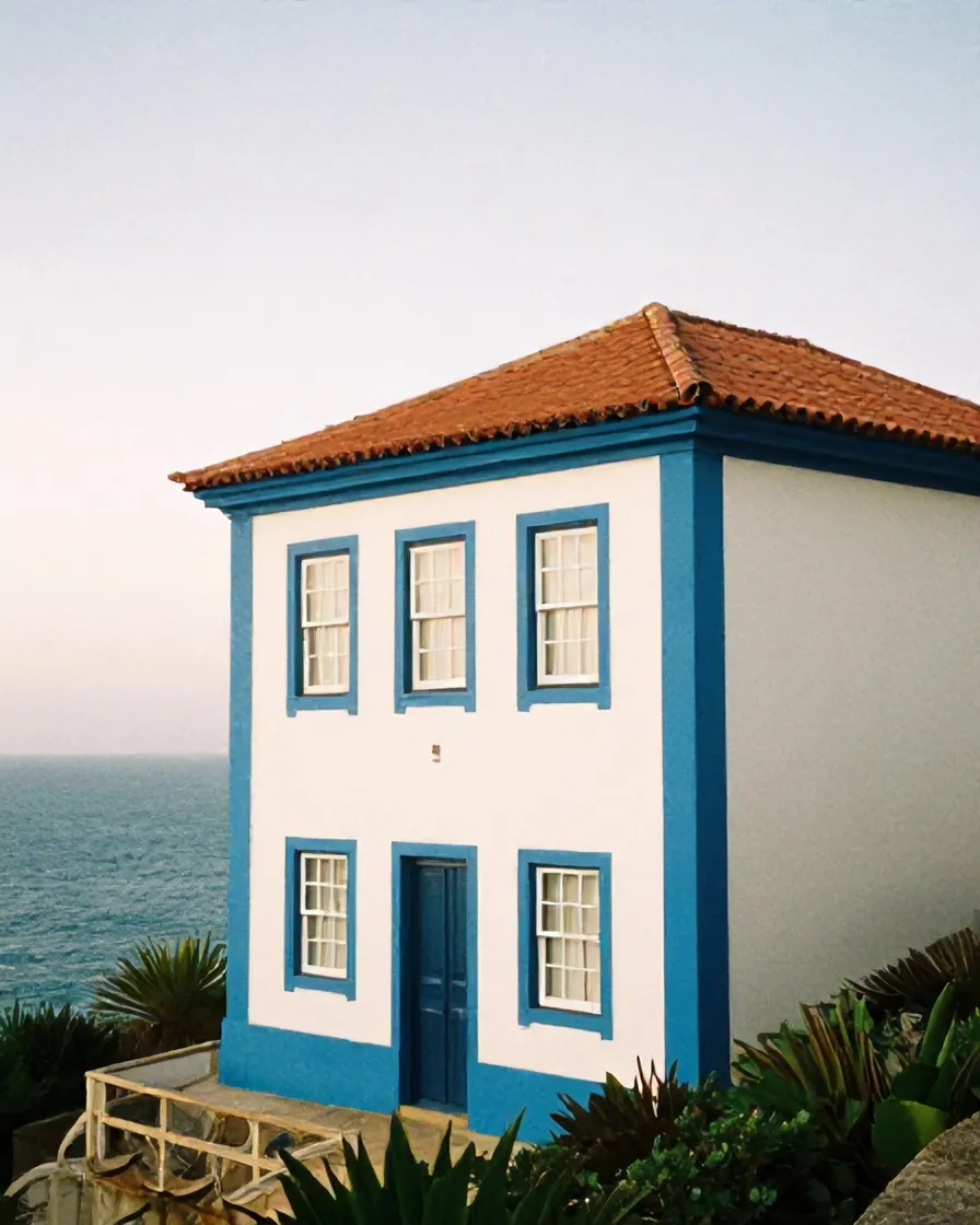 Casa Mirante, a whitewashed house with blue trim on the cliff above the sea