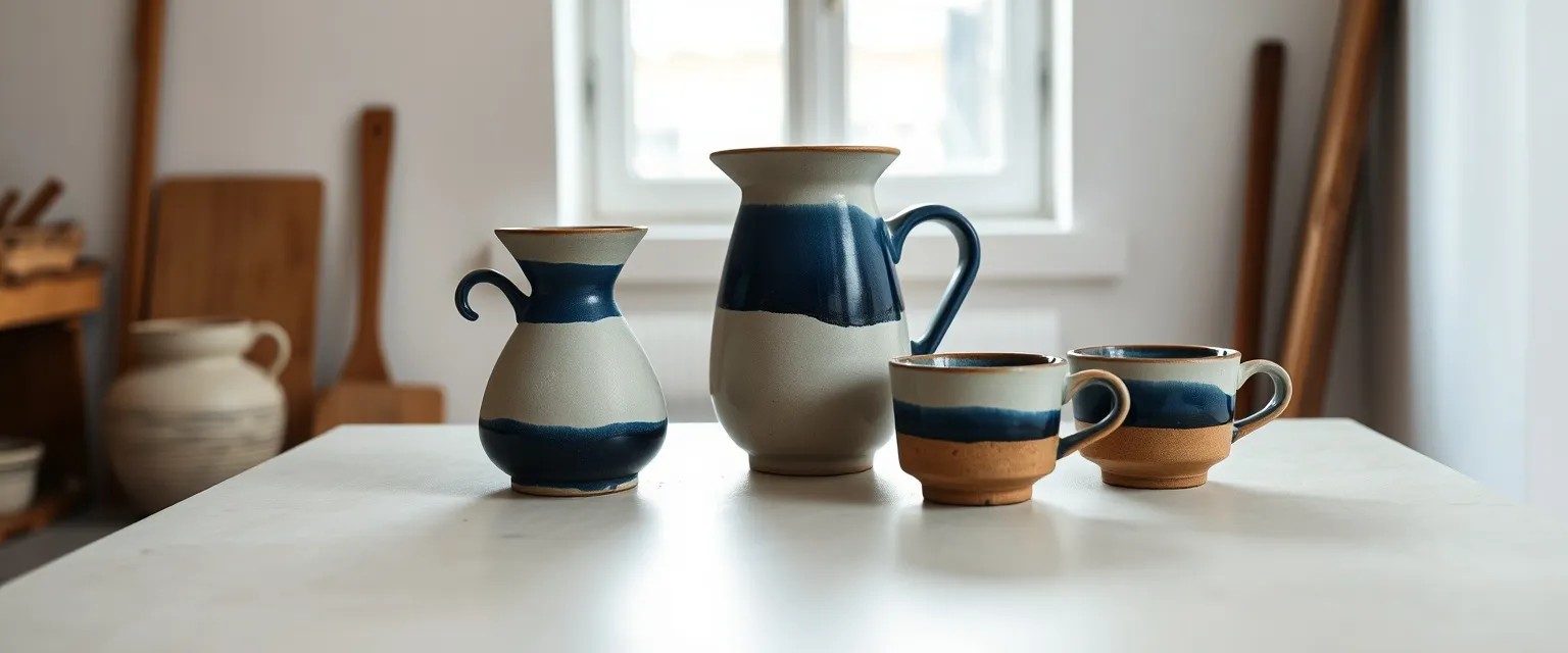 Dripper, carafe and two cups together on a plaster table, glaze pooling at the rims