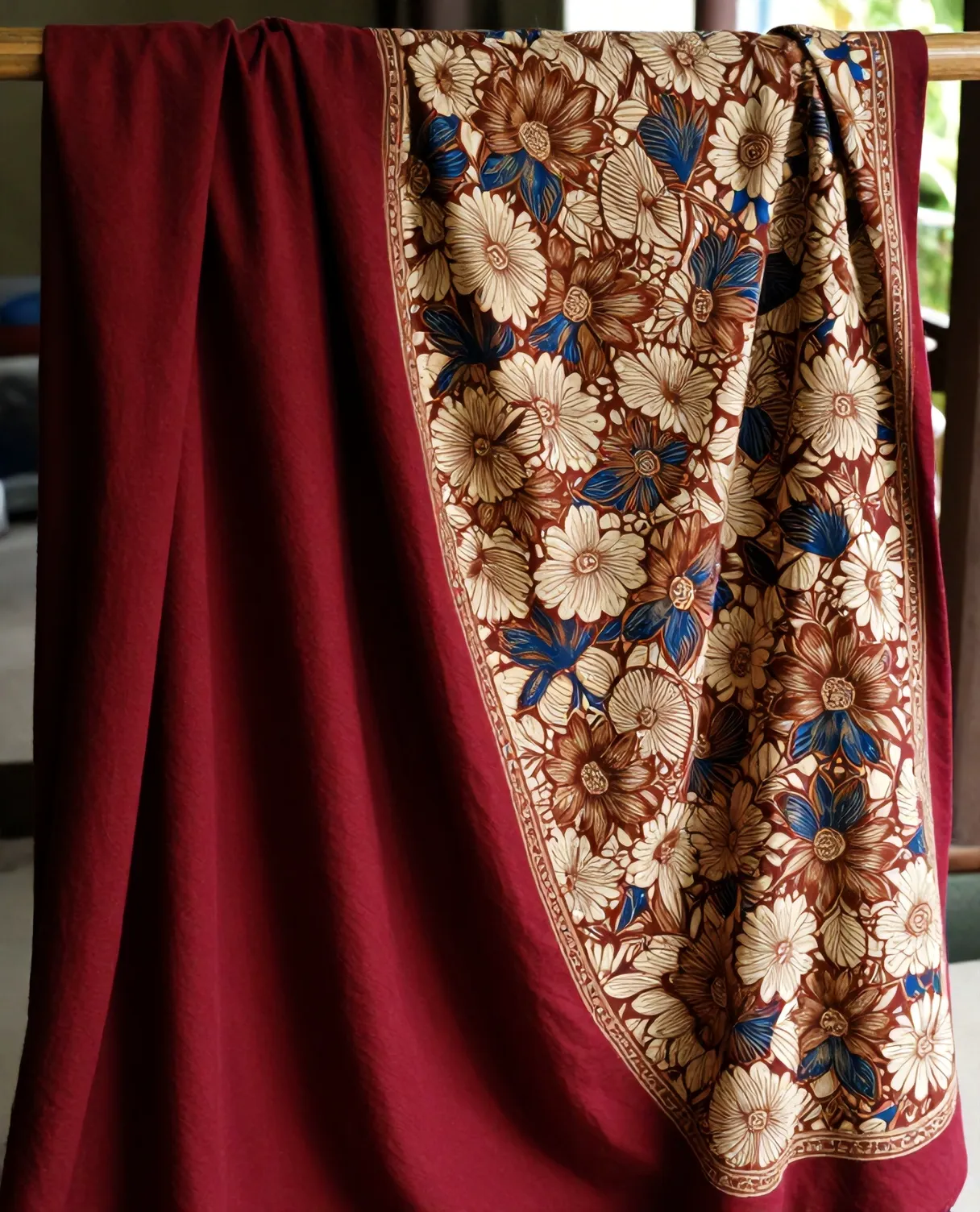 Kain batik tulis Terang Bulan tersampir di gawangan bambu, separuh merah polos, separuh penuh motif bunga
