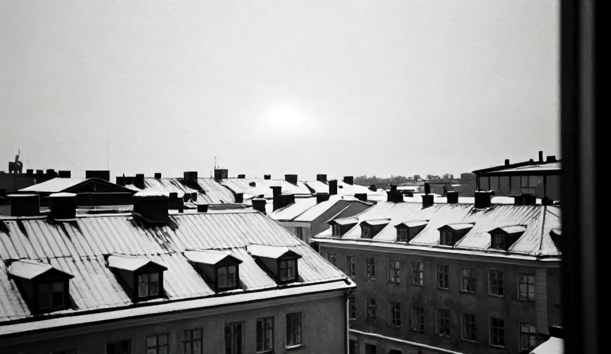 Snow on the copper roofs of Södermalm in low winter sun