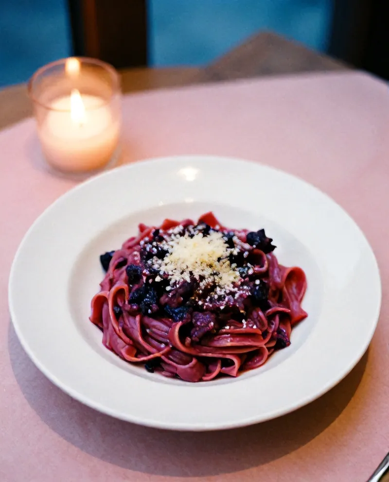 Tagliatelle with ragù seen from above on a paper-covered table