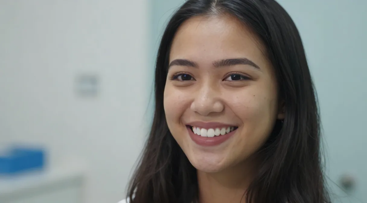 Perempuan tersenyum lebar menunjukkan gigi yang sehat