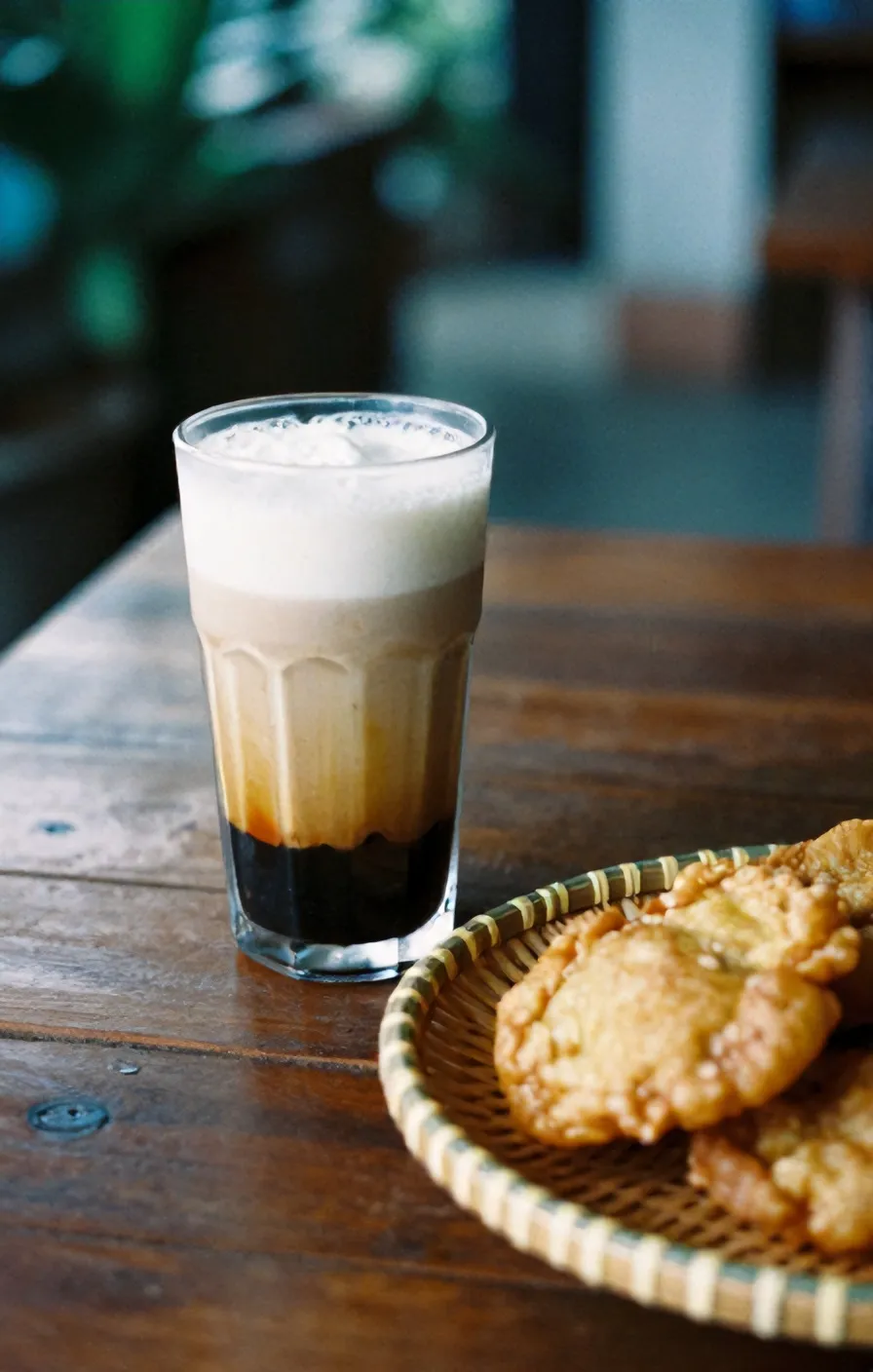 Es kopi susu gula aren dan pisang goreng di meja kayu