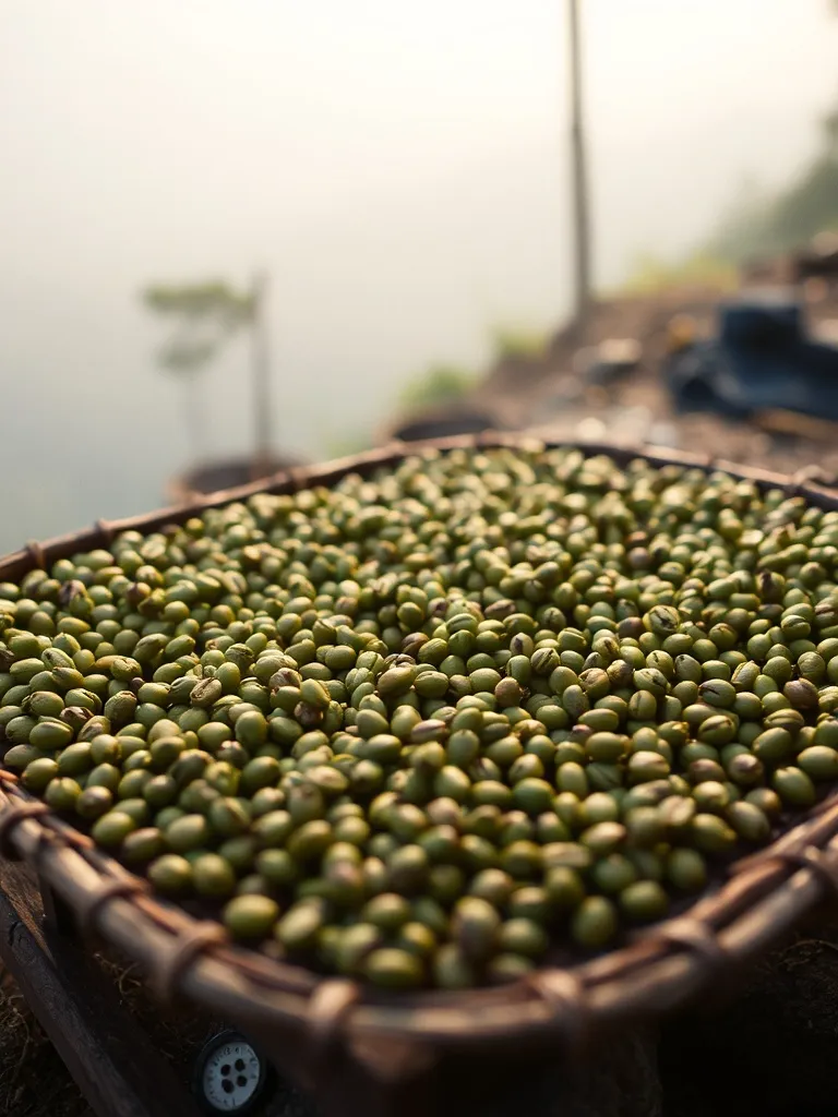 Biji kopi hijau dijemur di tampah bambu
