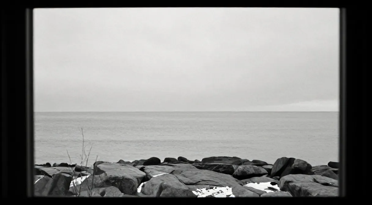 Calm grey sea from a rocky shore
