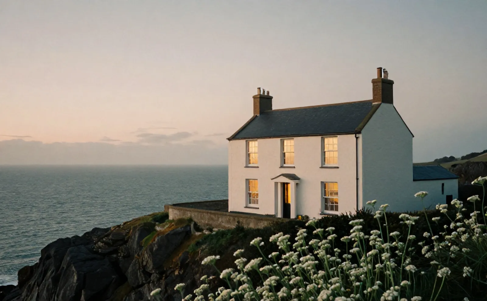 Casa Mirante at dusk on the cliff edge, windows lit, wild fennel in front