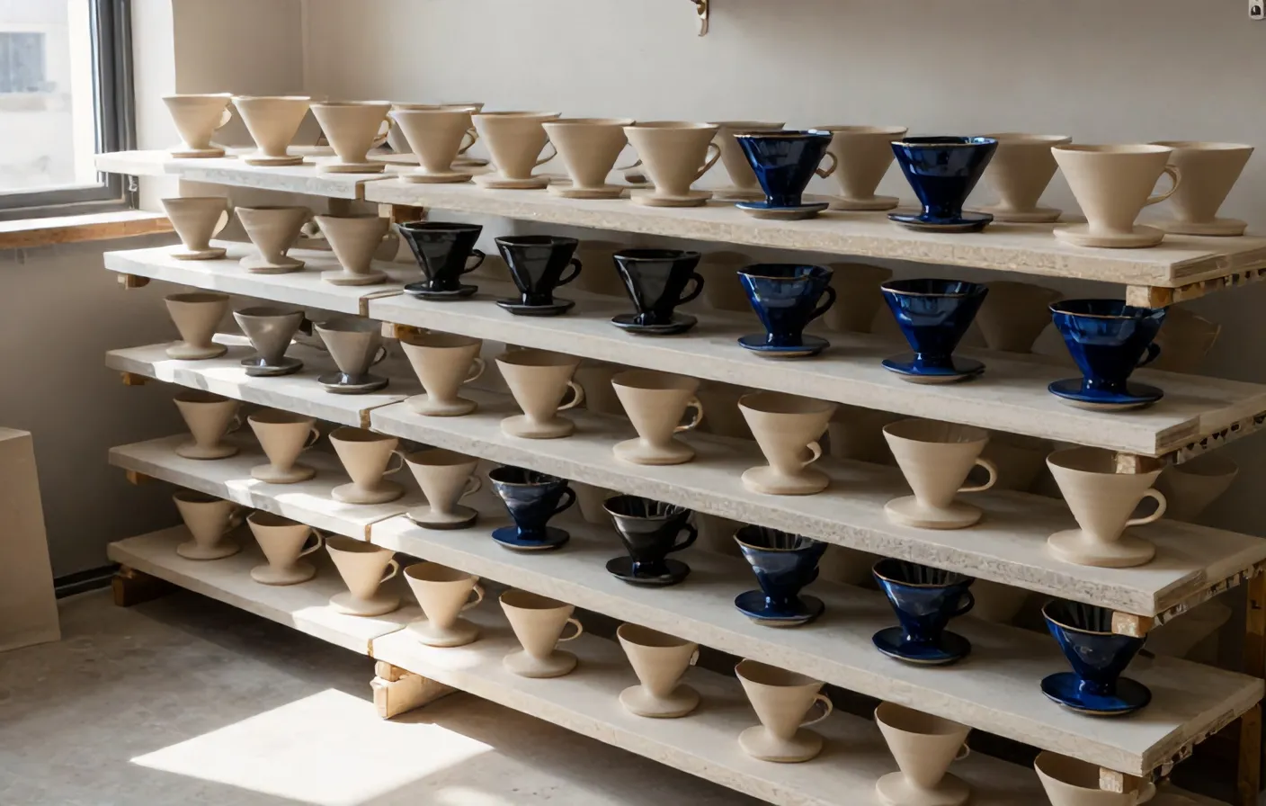 Kiln shelves stacked with pale bisque drippers and carafes