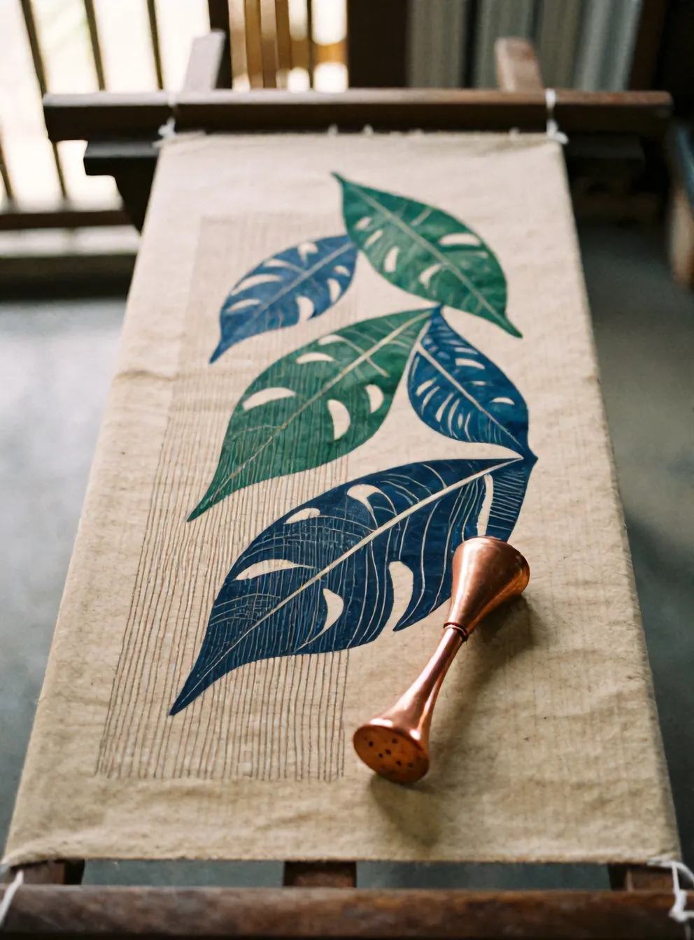 Kain batik tulis di gawangan kayu dengan canting tembaga di sampingnya