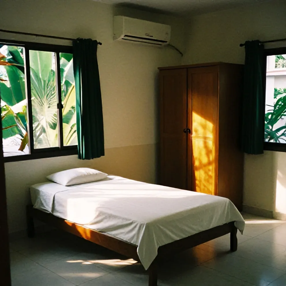 Kamar kos dengan kasur, lemari dua pintu, dan AC