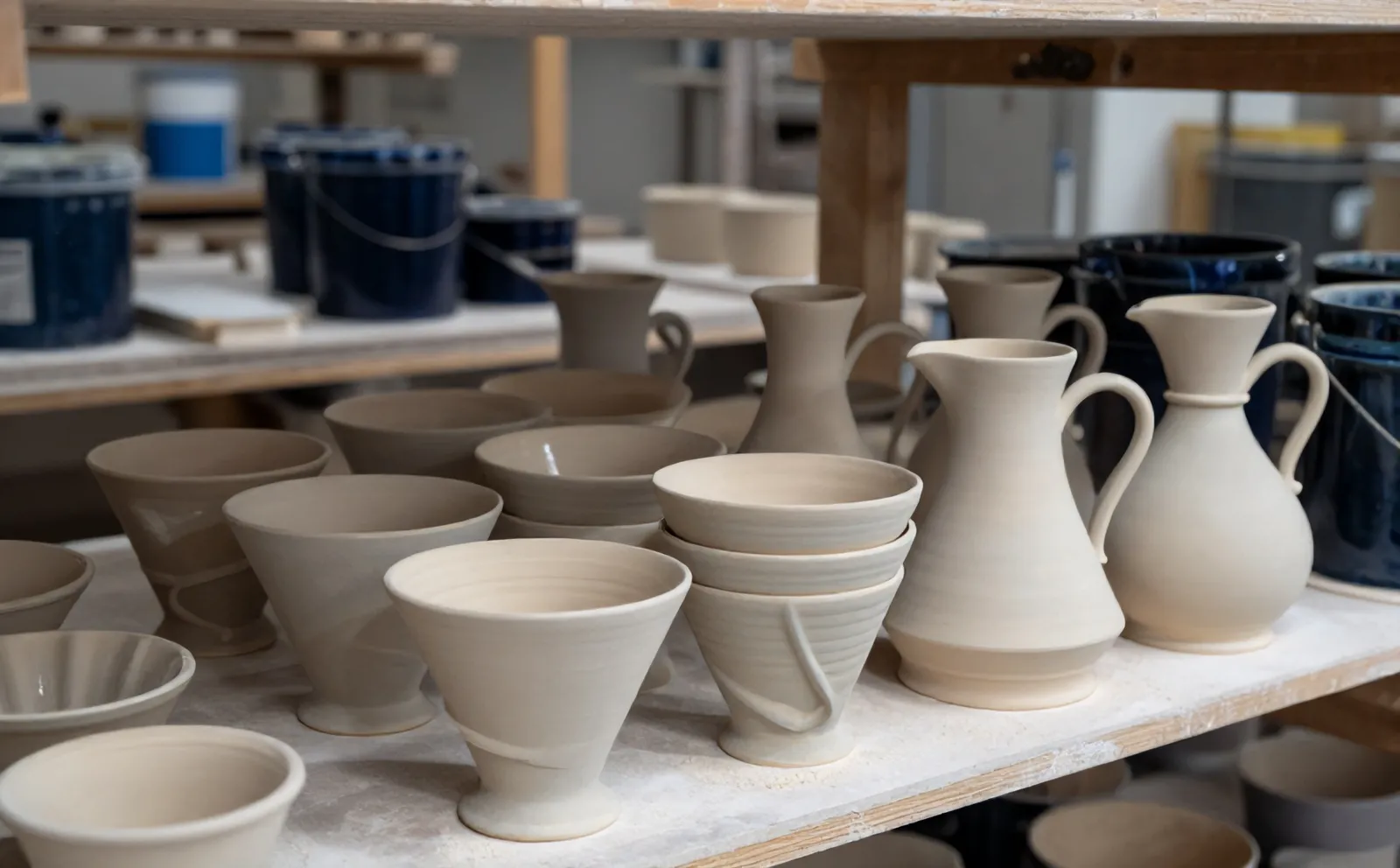 Kiln shelves in the Porto studio stacked with pale bisque drippers and carafes