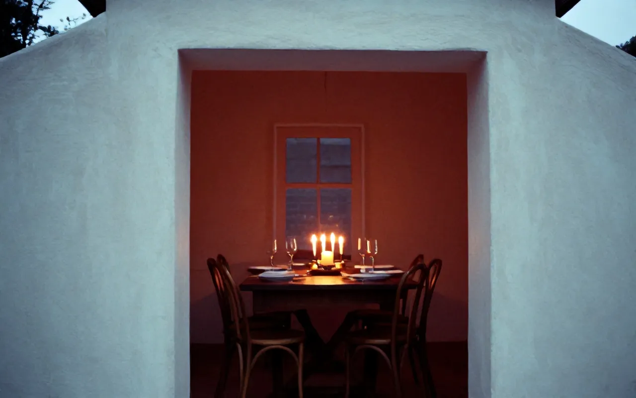 The small vaulted dining room set before service