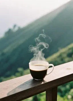 Secangkir kopi di pagar kayu teras