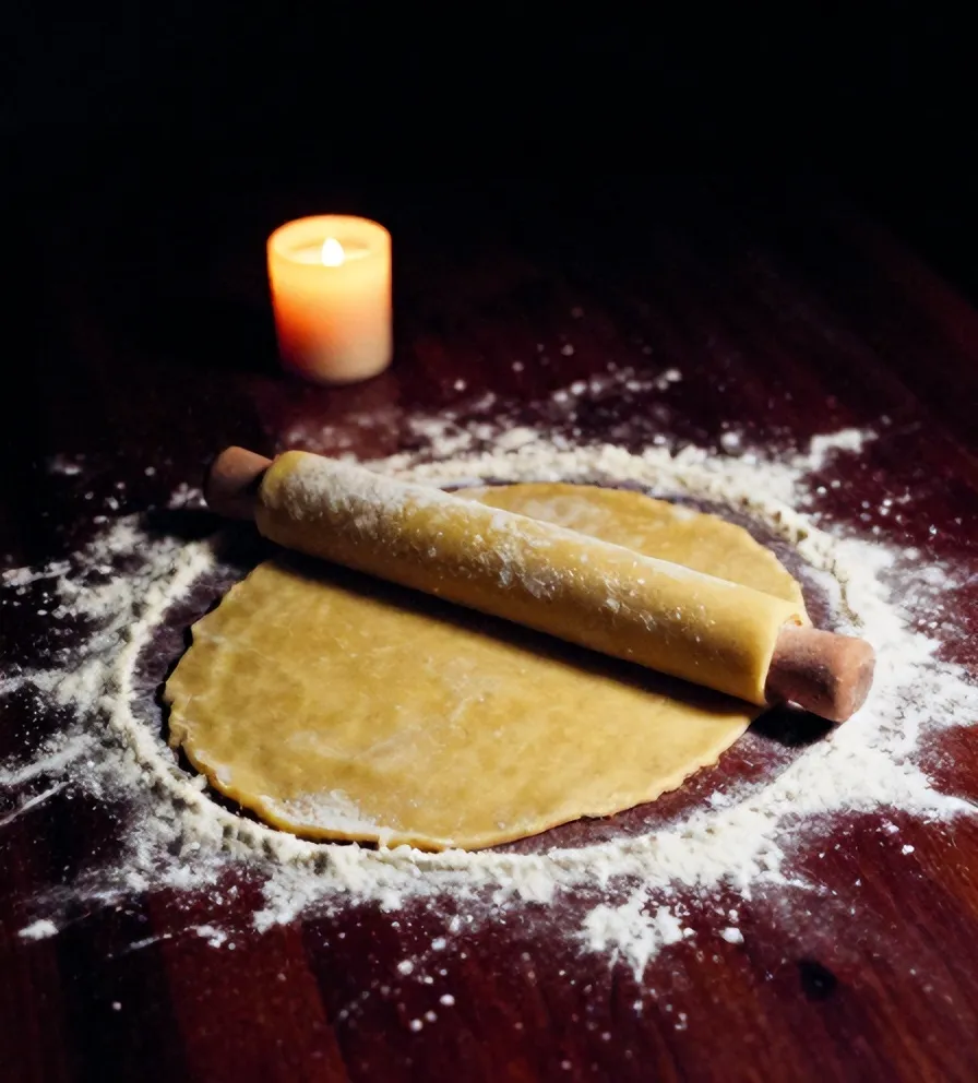 Egg yolk dough rolled thin with a long rolling pin on a floured table