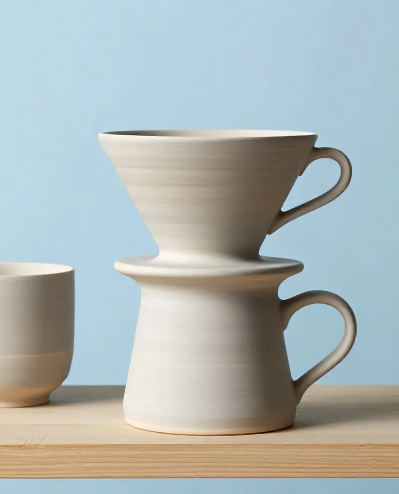 Raw thrown stoneware pieces drying on a shelf