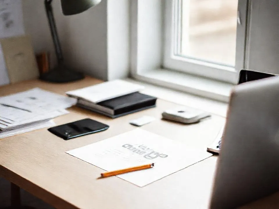 A designer's desk with a brand identity proof and a closed laptop