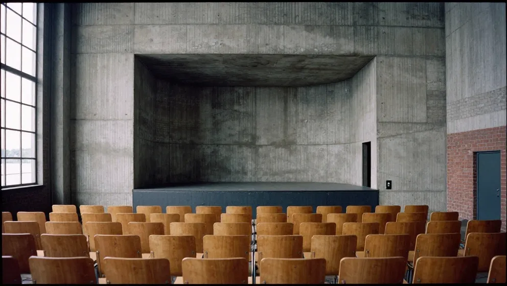 Rows of chairs in the concrete room of the Maassilo
