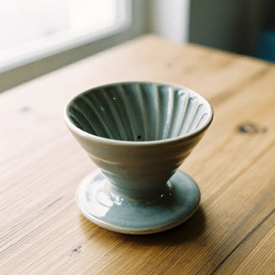 The stoneware dripper seen from above, spiral ribs inside and glaze pooled darker at the base