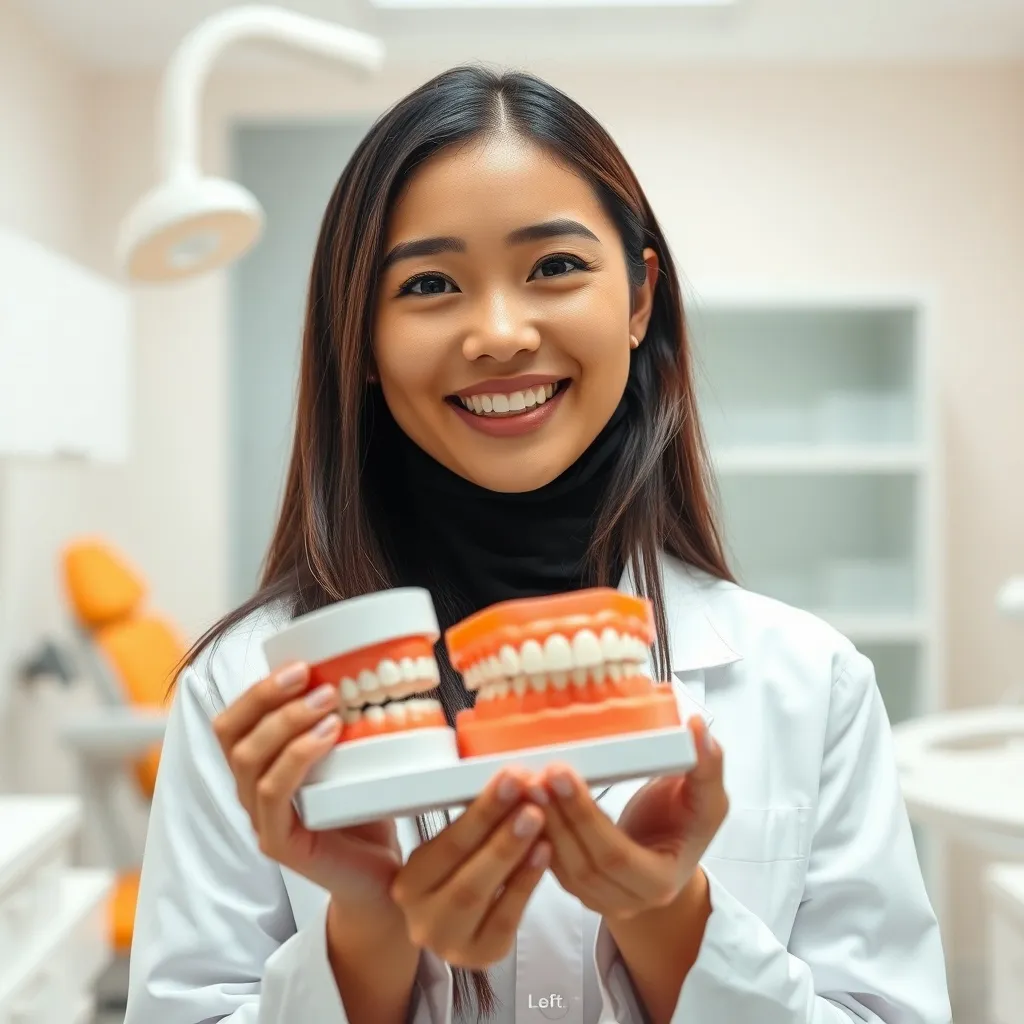 Dokter gigi Senyum Seri memegang model gigi