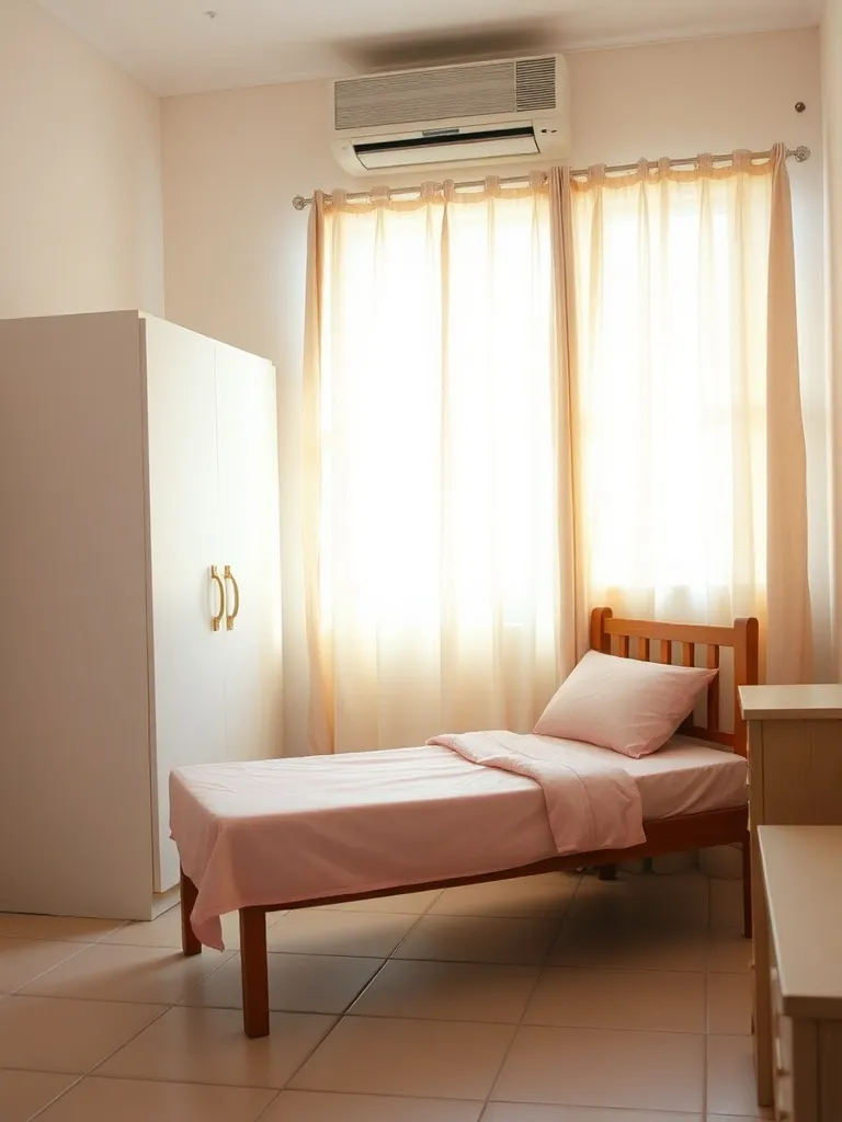 Kasur rapi dengan sprei merah muda di samping lemari putih dan AC