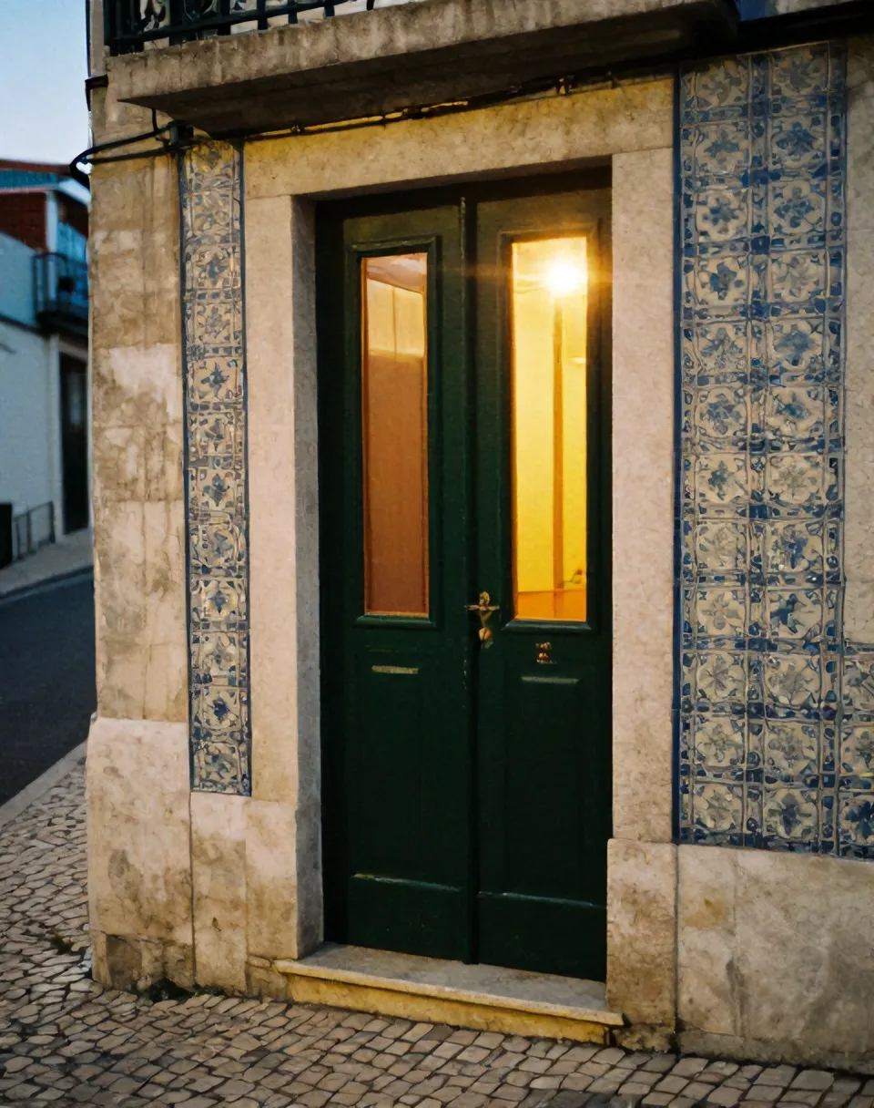The open door at number nine in the blue hour, warm light from the room inside