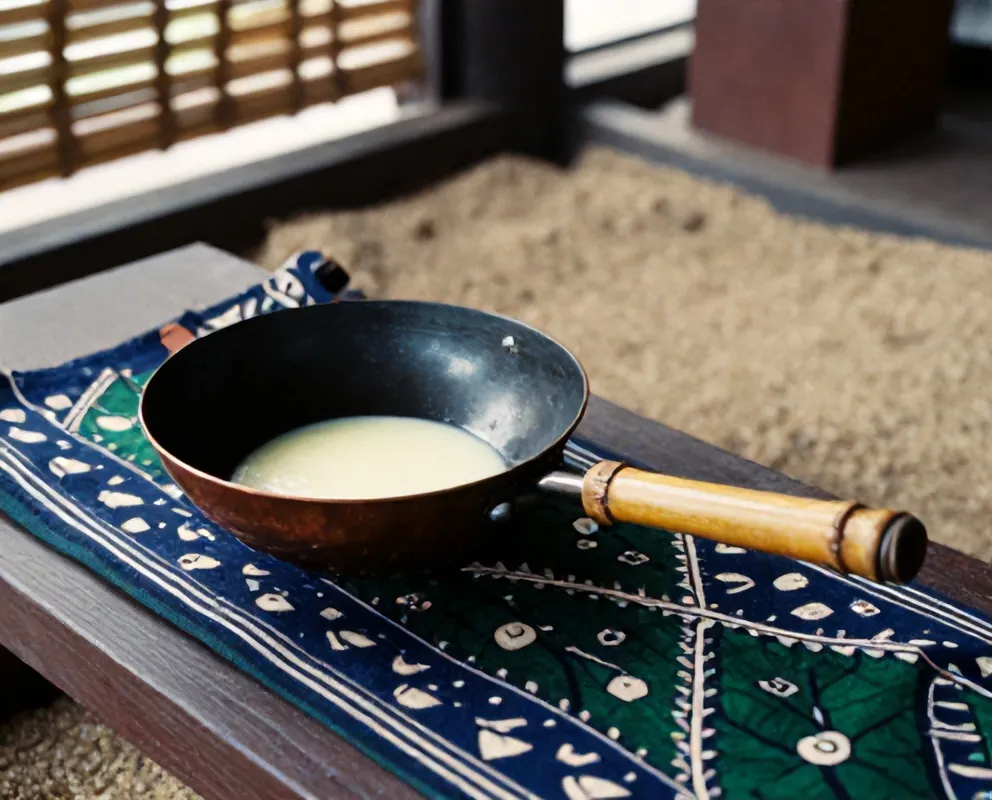 Canting tembaga bergagang bambu di samping wajan malam cair