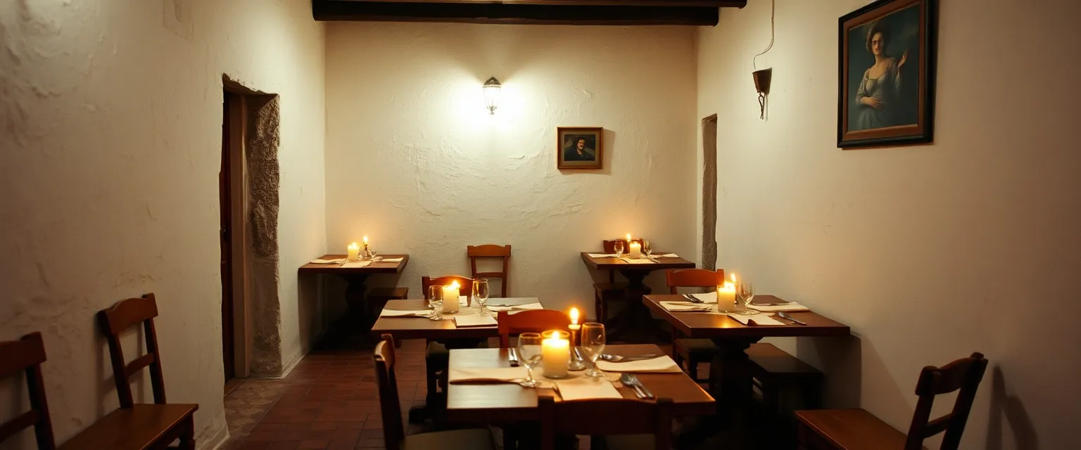 The dining room at Nove, small wooden tables lit by candles