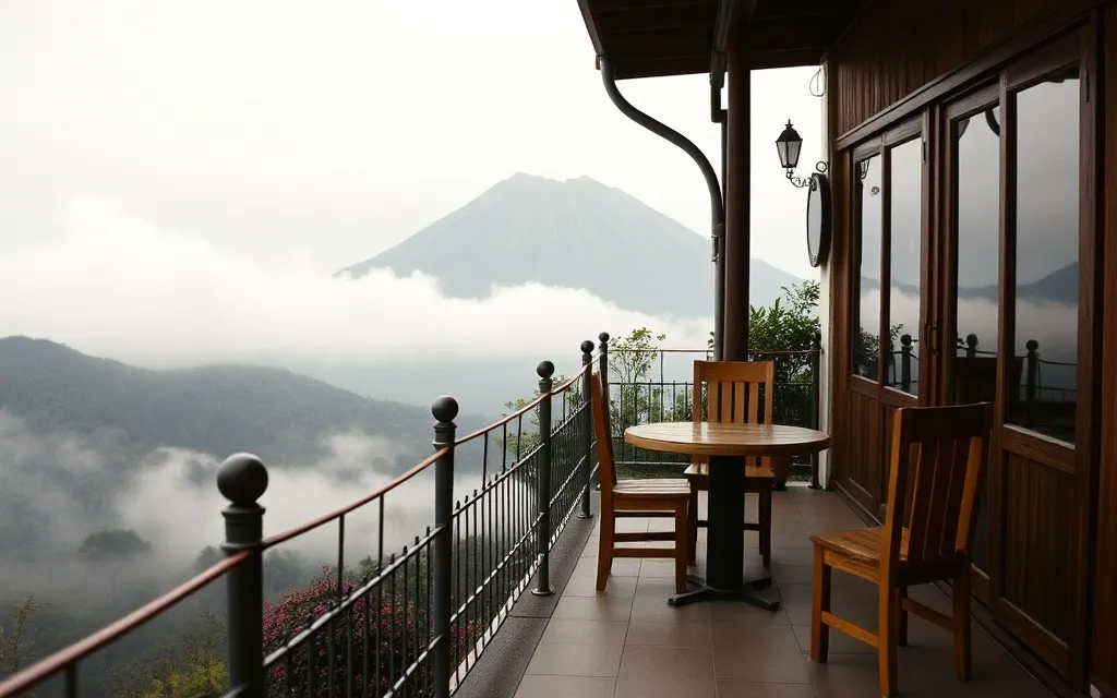 Teras kedai menghadap Merapi berkabut