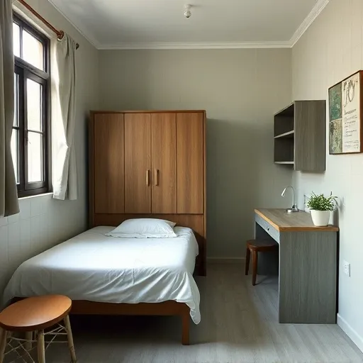 Kamar dengan kasur, lemari, dan meja belajar