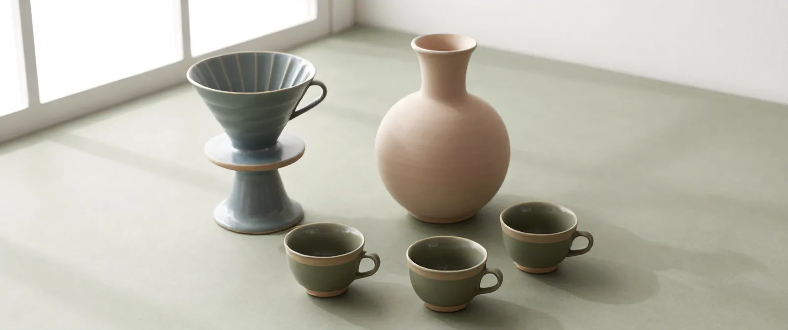 Dripper, carafe and two cups laid out together on a sage ground