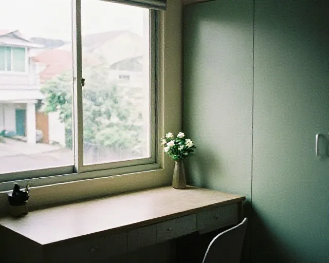Meja belajar dan lemari di kamar