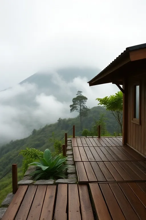 Teras kayu menghadap Merapi berkabut