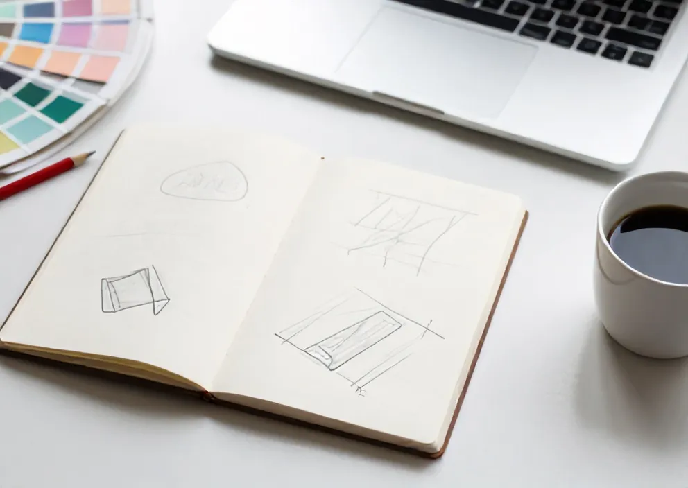 A designer's white desk from above: an open sketchbook with pencil logo marks, a swatch fan, a red pencil, a closed laptop and black coffee